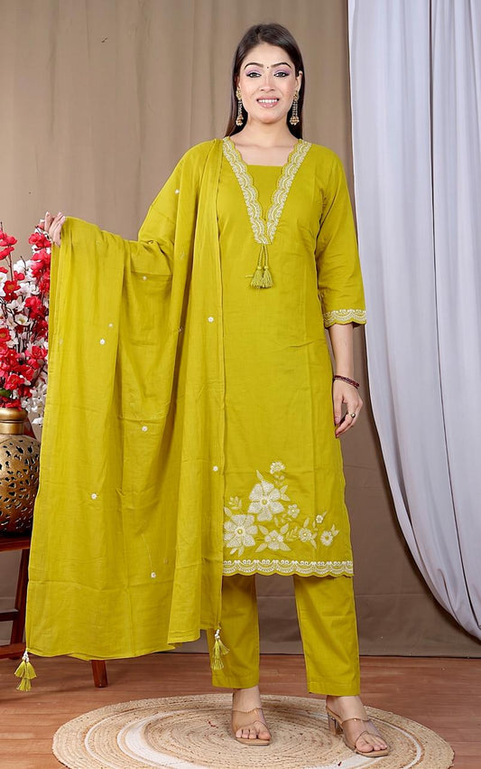 Embroidered Straight Kurta Pant Set with Dupatta