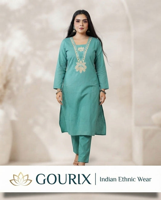 Aqua Embroidered Straight Kurta Set