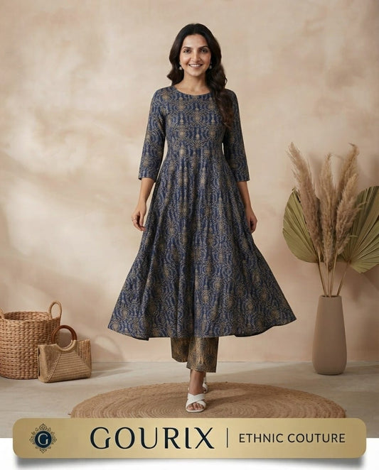 Indigo Gold Printed Anarkali Set