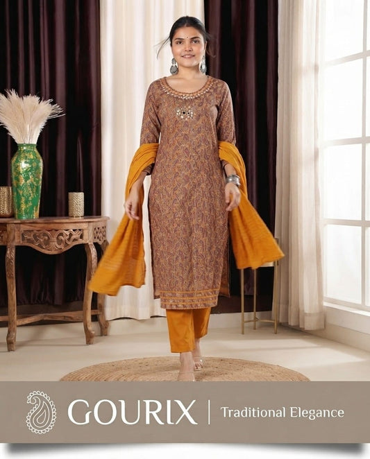 Mocha Paisley Printed Kurta Set