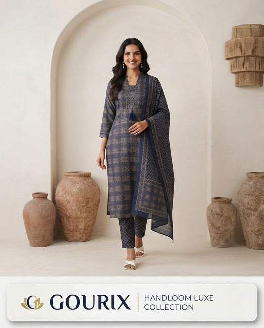 Navy Blue Handblock Print Kurta Set