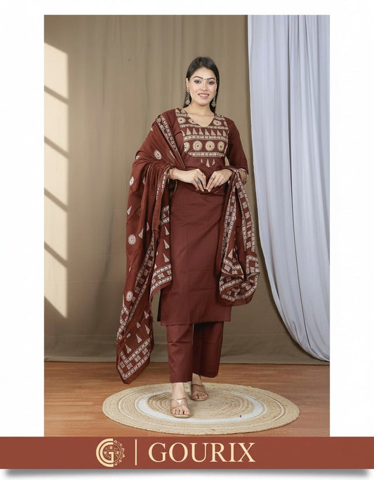 Choclate Brown Embroidered Kurta Pant Set with Dupatta