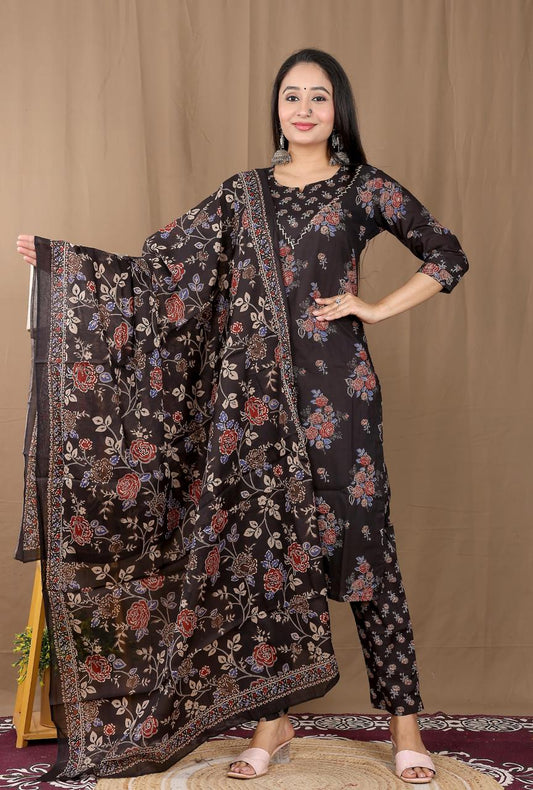 Black Floral Printed Straight Kurta Pant Set with Dupatta