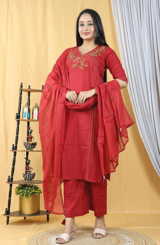Embroidered Straight Kurta Pant Set with Dupatta