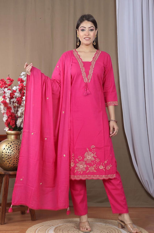Embroidered Straight Kurta Pant Set with Dupatta
