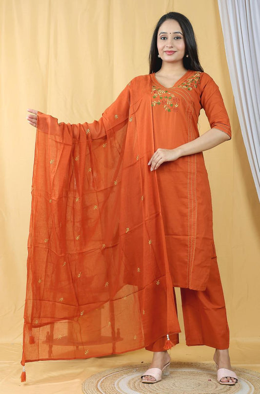 Embroidered Straight Kurta Pant Set with Dupatta