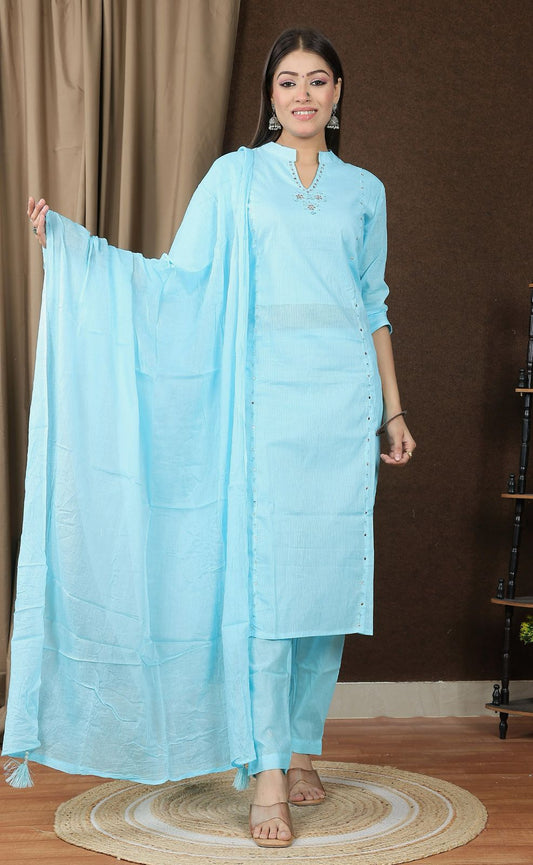 Embroidered Straight Kurta Pant Set with Dupatta