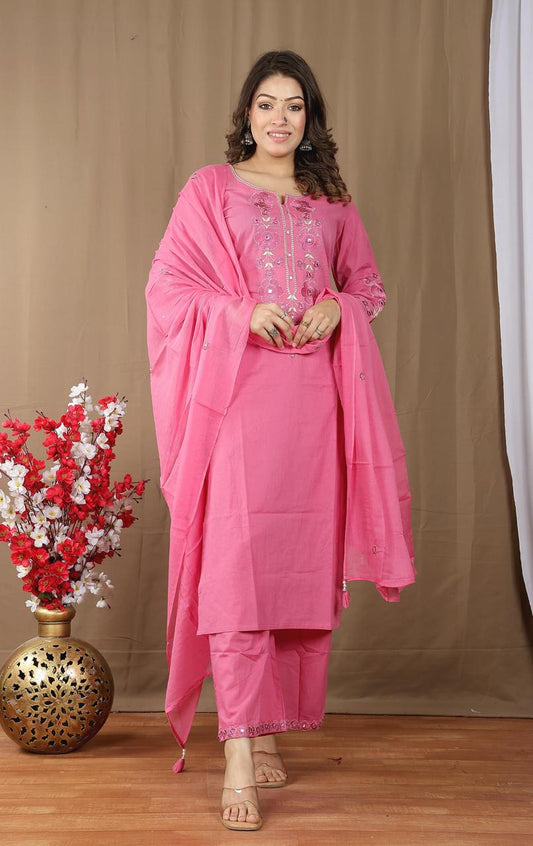 Embroidered Straight Kurta Pant Set with Dupatta