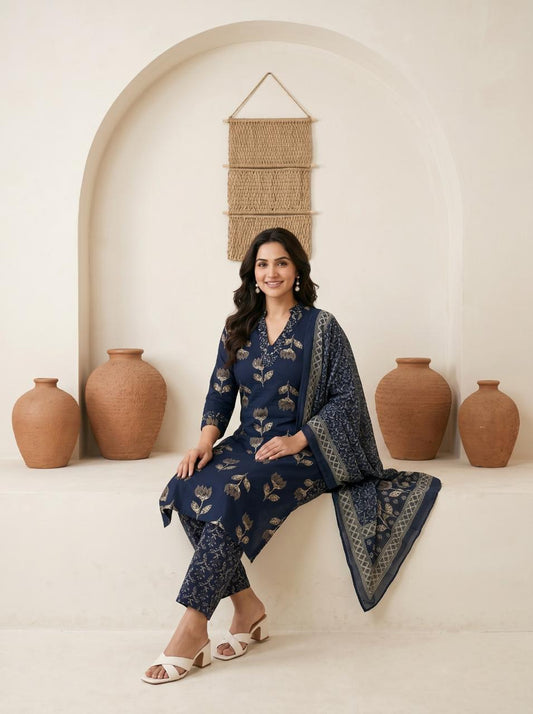 Printed Straight Kurta Pant Set with Dupatta