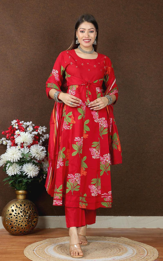 Floral Printed Anarkali Kurta Pant Set with Dupatta