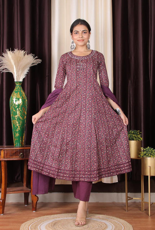 Paisley Printed Anarkali Kurta Pant Set with Dupatta