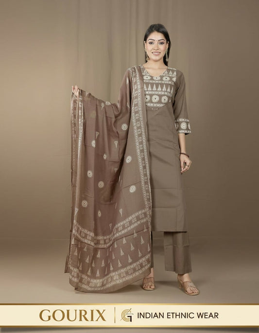 Taupe Embroidered Kurta Pant Set with Dupatta