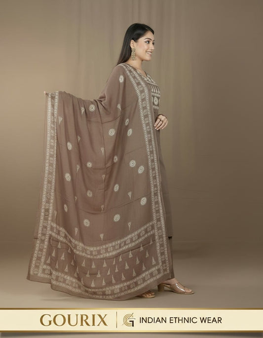 Taupe Embroidered Kurta Pant Set with Dupatta