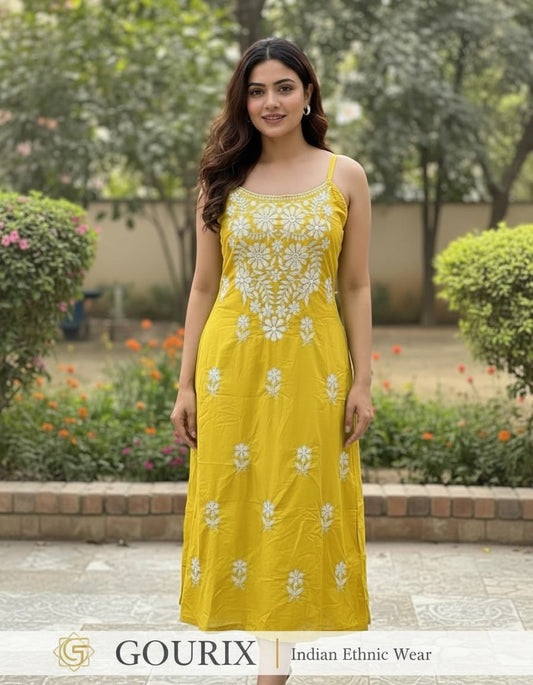 Mustard Yellow Floral Embroidered Cotton Sleeveless A-Line Kurti