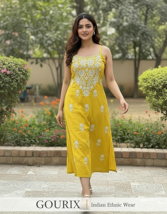 Mustard Yellow Floral Embroidered Cotton Sleeveless A-Line Kurti