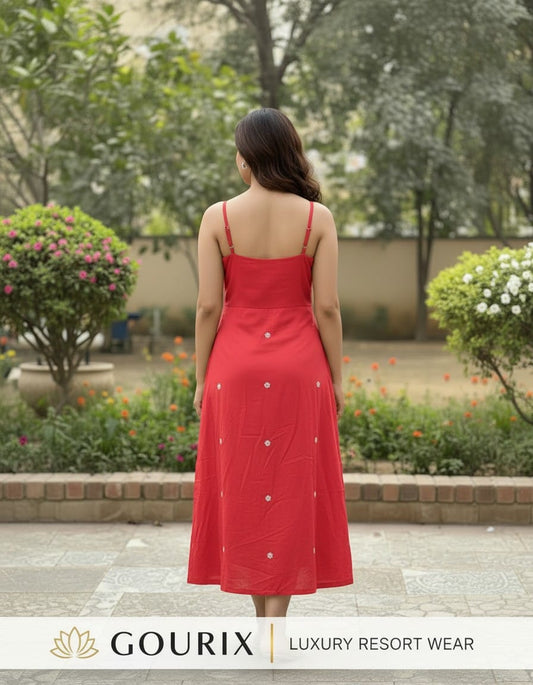 Red Floral Embroidered Cotton Sleeveless A-Line Kurti