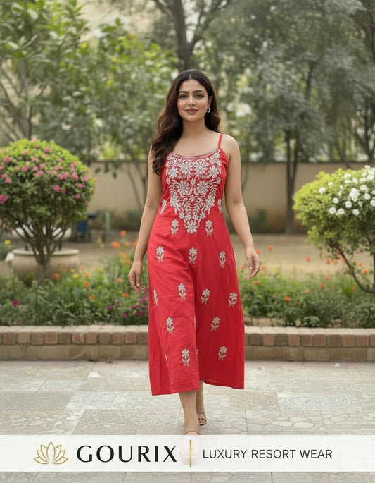 Red Floral Embroidered Cotton Sleeveless A-Line Kurti