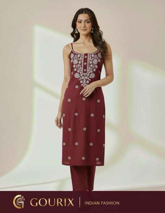 Rust Red Elegant Floral Embroidered Straight Kurta & Pant Co-ord Set
