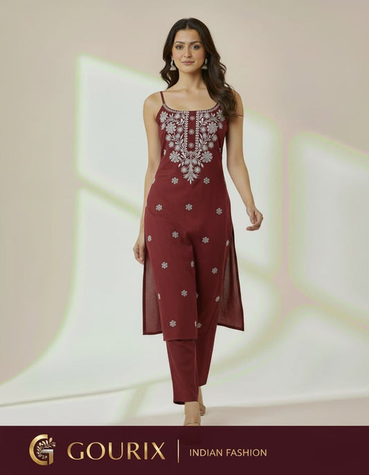 Rust Red Elegant Floral Embroidered Straight Kurta & Pant Co-ord Set