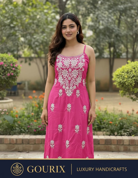 Pink Floral Embroidered Cotton Sleeveless A-Line Kurti