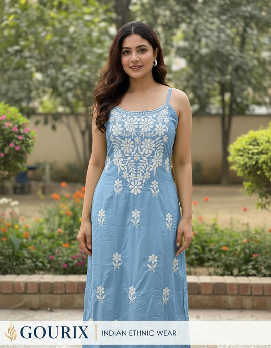 Sky Blue Floral Embroidered Cotton Sleeveless A-Line Kurti