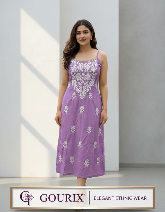 Lavender Floral Embroidered Cotton Sleeveless A-Line Kurti