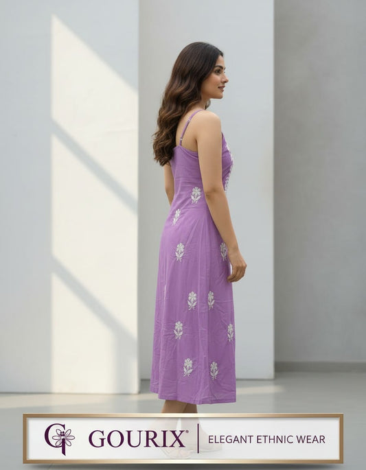 Lavender Floral Embroidered Cotton Sleeveless A-Line Kurti