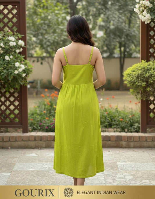 Olive Green Floral Embroidered Cotton Sleeveless A-Line Kurti