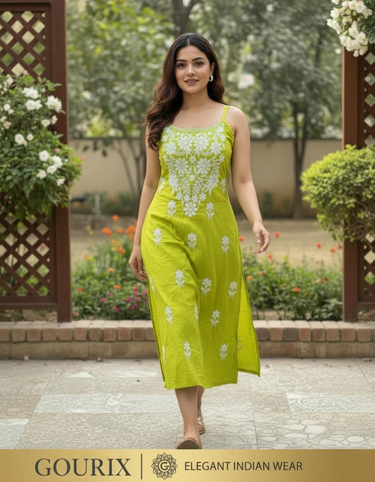 Olive Green Floral Embroidered Cotton Sleeveless A-Line Kurti