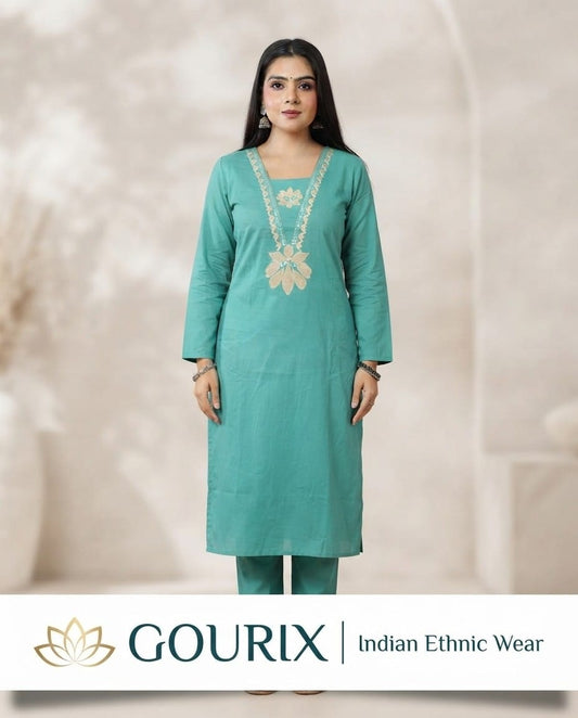 Aqua Embroidered Straight Kurta Set