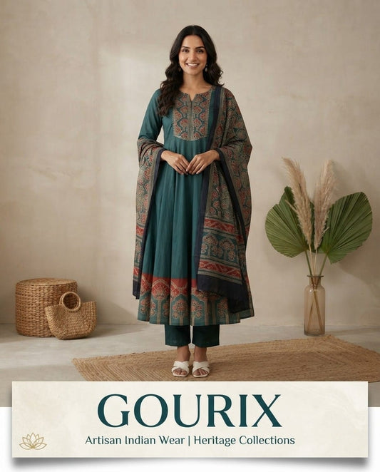 Teal Heritage Printed Anarkali Set
