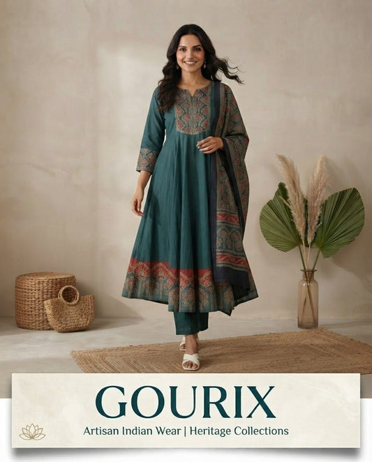 Teal Heritage Printed Anarkali Set