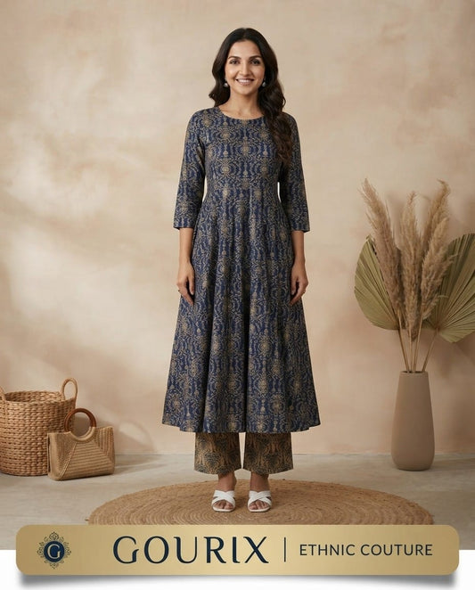 Indigo Gold Printed Anarkali Set