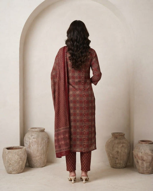 Rustic Maroon Printed Kurta Set