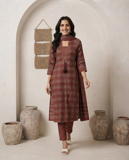 Rustic Maroon Printed Kurta Set