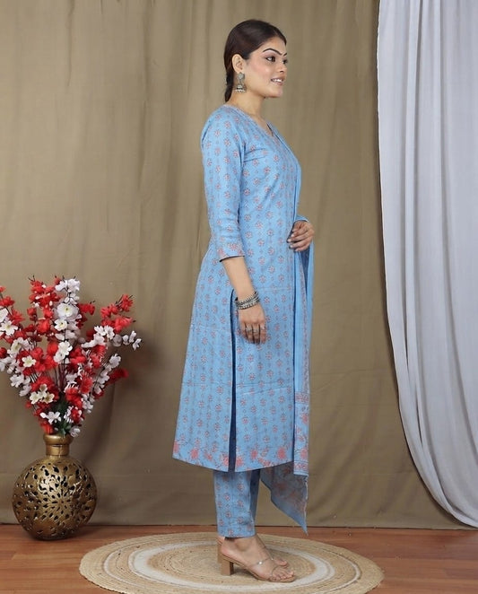 Sky Blue Floral Printed Kurta Set