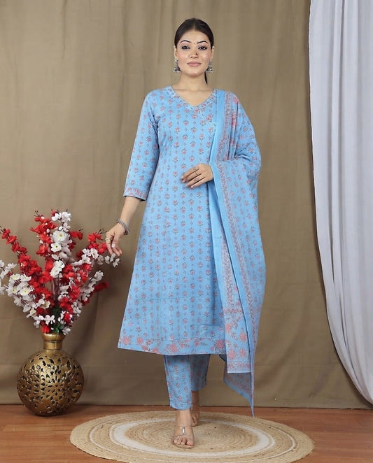 Sky Blue Floral Printed Kurta Set