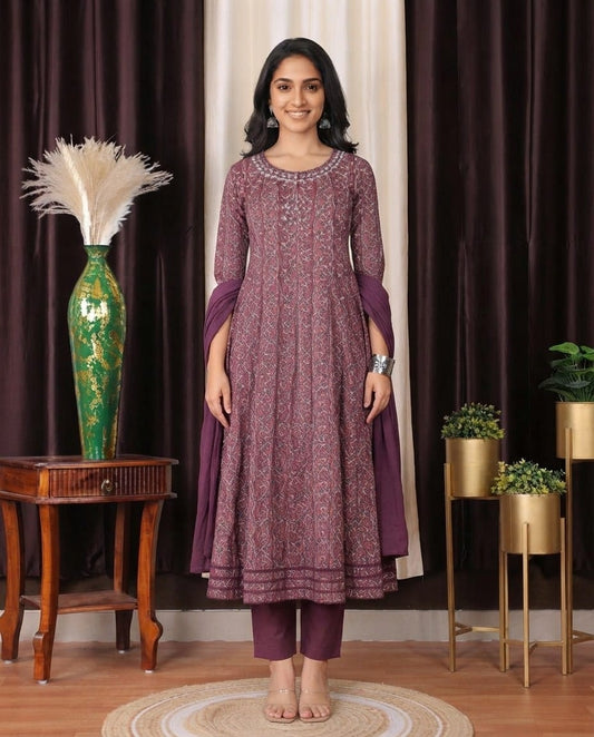 Wine Paisley Printed Anarkali Kurta Set