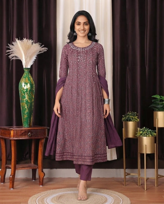 Wine Paisley Printed Anarkali Kurta Set