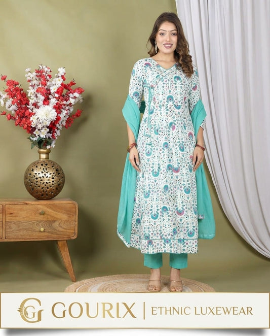 Aqua Floral Printed Kurta Set