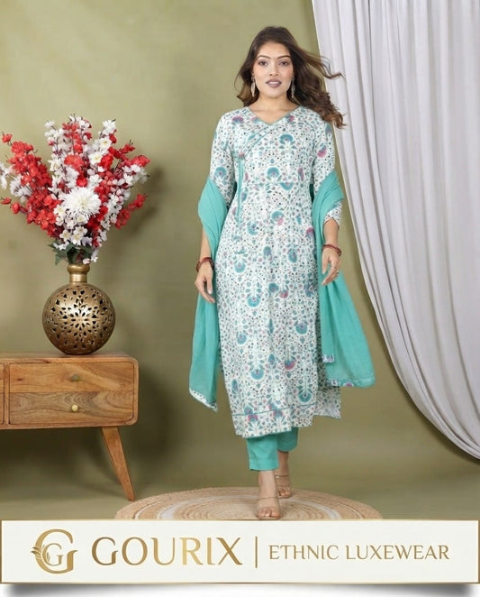 Aqua Floral Printed Kurta Set
