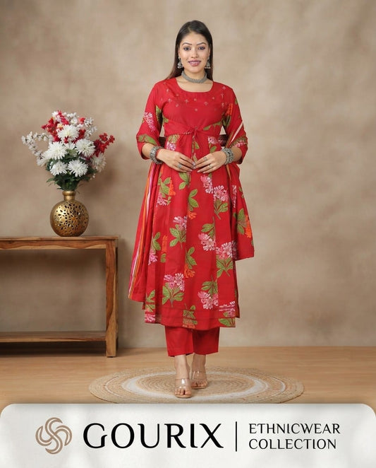 Crimson Floral Anarkali Kurta Set