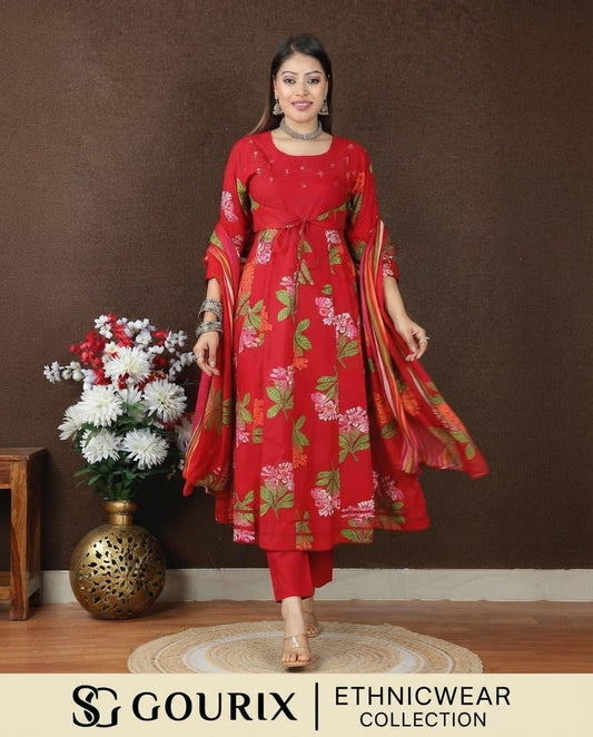 Crimson Floral Anarkali Kurta Set
