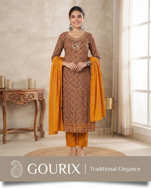 Mocha Paisley Printed Kurta Set
