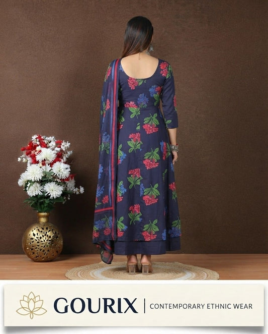 Navy Blue Floral Anarkali Kurta Set