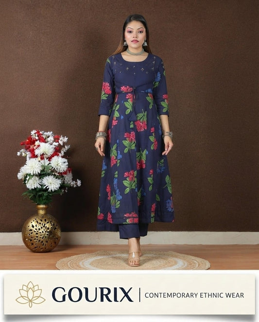Navy Blue Floral Anarkali Kurta Set
