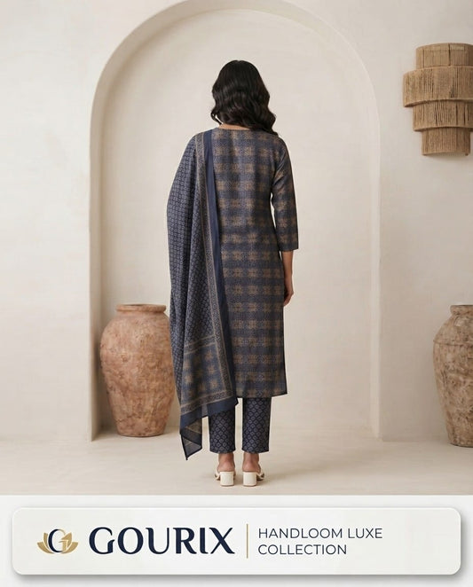 Navy Blue Handblock Print Kurta Set