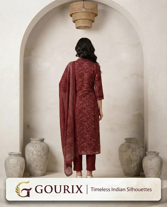 Maroon Floral Print Kurta Set