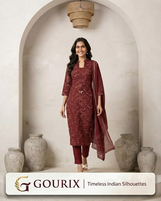 Maroon Floral Print Kurta Set