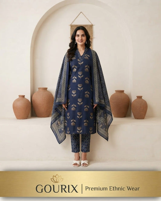 Navy Blue Floral Print Kurta Set